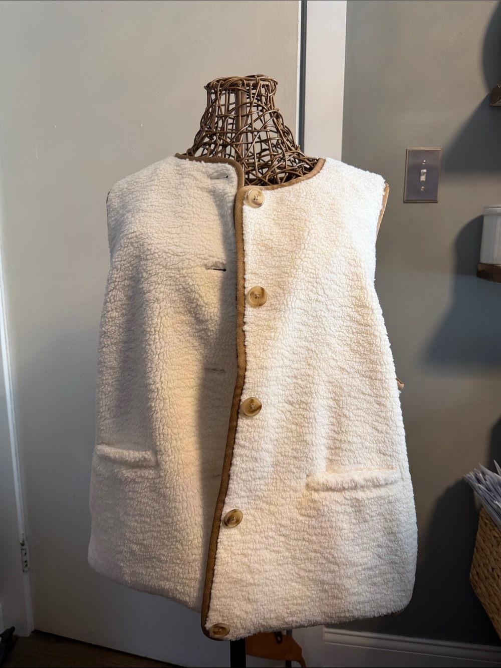 J. Crew Cream Sherpa Vest with Tan Trim